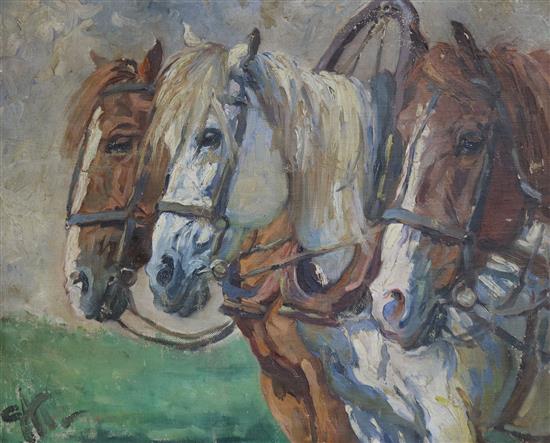 Attributed to Gilbert Holiday, oil on canvas laid on board, study of three horses, initialled GH, 48 x 58cm